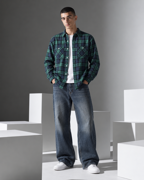 Ilyzly Green Double Pocket Checked Shirt
