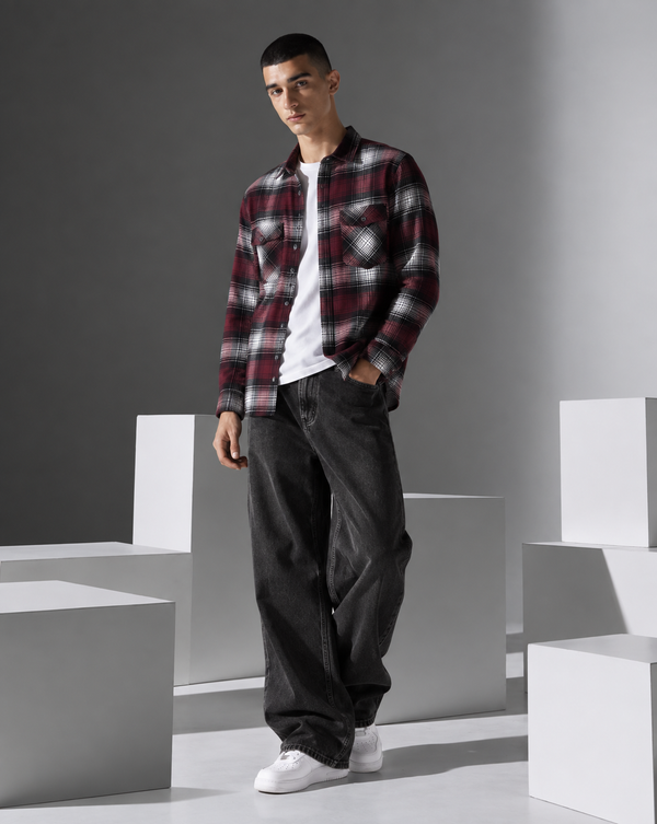 Ilyzly Maroon Double Pocket Checked Shirt