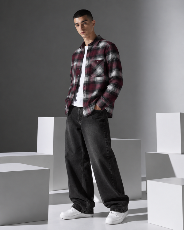 Ilyzly Maroon Double Pocket Checked Shirt