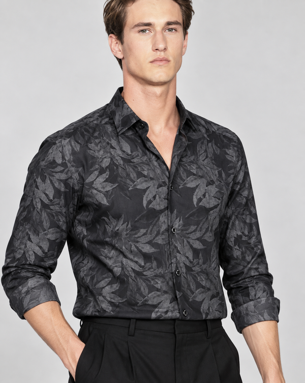 Ilyzly Black Grey Leaf Print Shirt