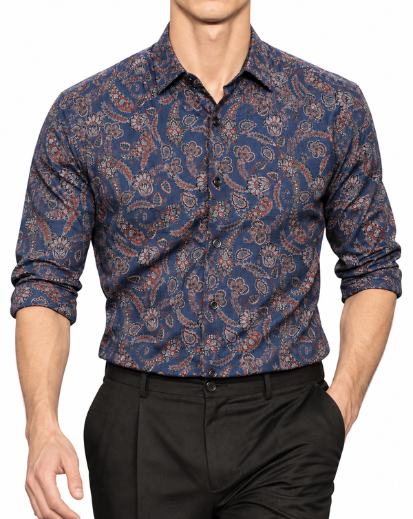 Ilyzly Paisley Dark Blue Floral Print Shirt