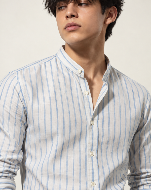 Ilyzly Blue Vertical Stripe Mandarin Collar Shirt
