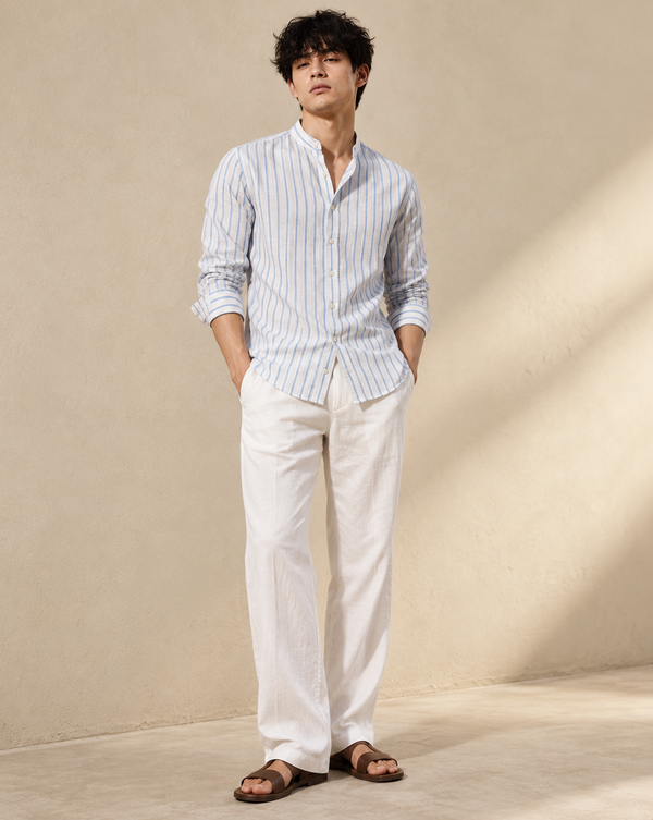 Ilyzly Blue Vertical Stripe Mandarin Collar Shirt