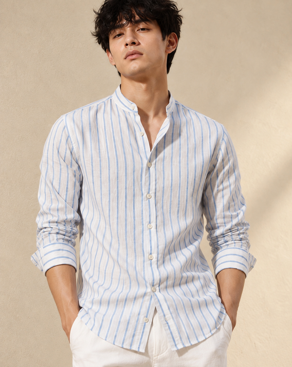 Ilyzly Blue Vertical Stripe Mandarin Collar Shirt