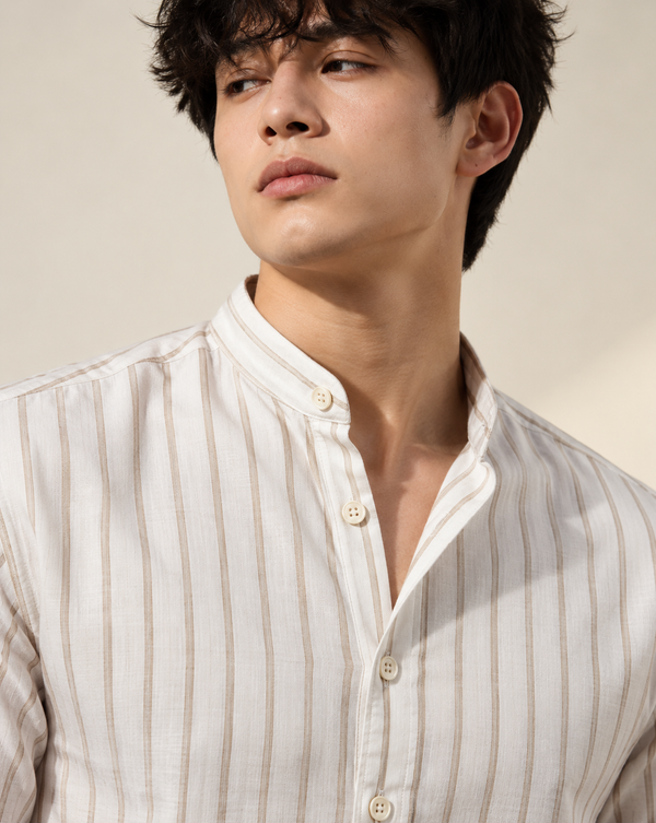 Ilyzly Brown Vertical Stripe Mandarin Collar Shirt