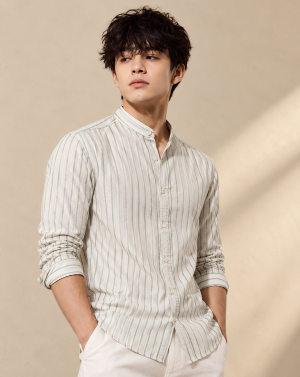 Ilyzly Green Vertical Stripe Mandarin Collar Shirt