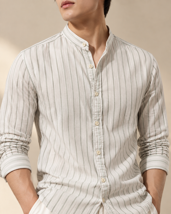 Ilyzly Green Vertical Stripe Mandarin Collar Shirt
