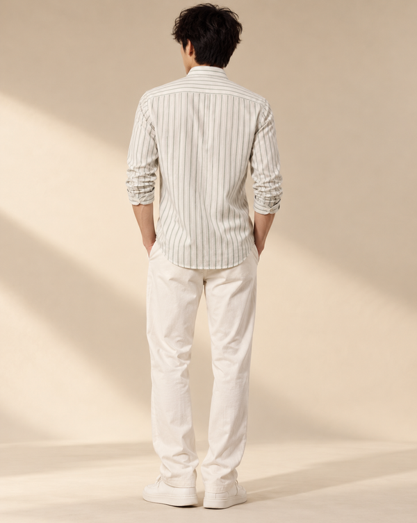 Ilyzly Green Vertical Stripe Mandarin Collar Shirt