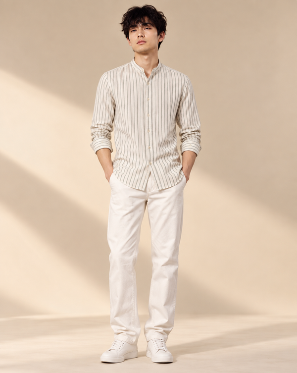 Ilyzly Green Vertical Stripe Mandarin Collar Shirt