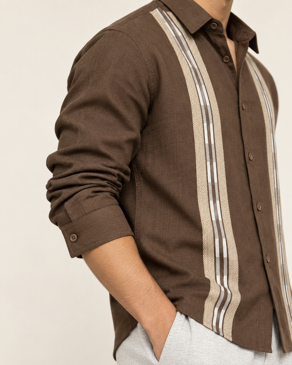 Ilyzly Brown Stripe Thread Embroidered Shirt