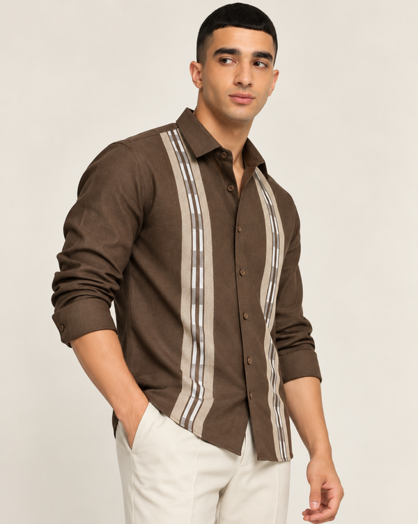 Ilyzly Brown Stripe Thread Embroidered Shirt