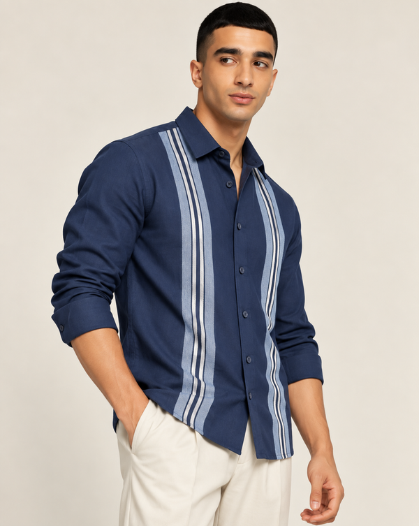 Ilyzly Navy Blue Stripe Thread Embroidered Shirt
