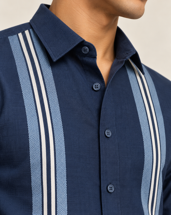 Ilyzly Navy Blue Stripe Thread Embroidered Shirt