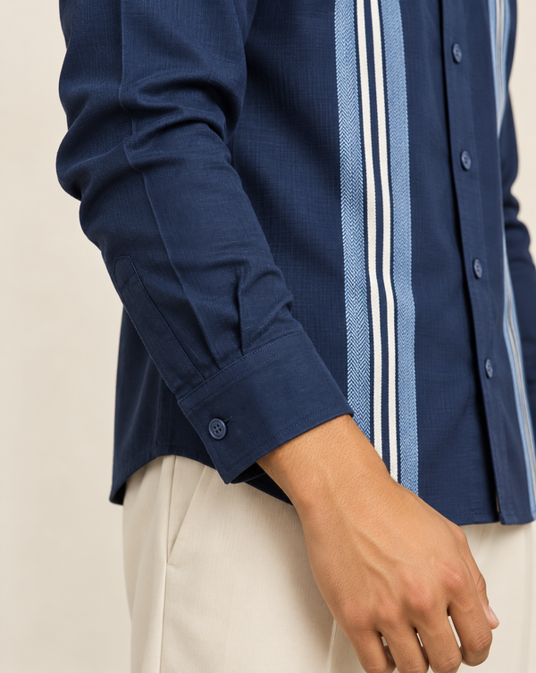 Ilyzly Navy Blue Stripe Thread Embroidered Shirt