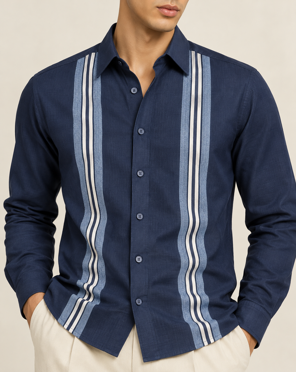 Ilyzly Navy Blue Stripe Thread Embroidered Shirt