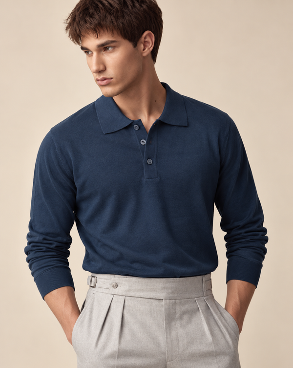 Ilyzly Navy Blue Classic Ribbed Polo T Shirt