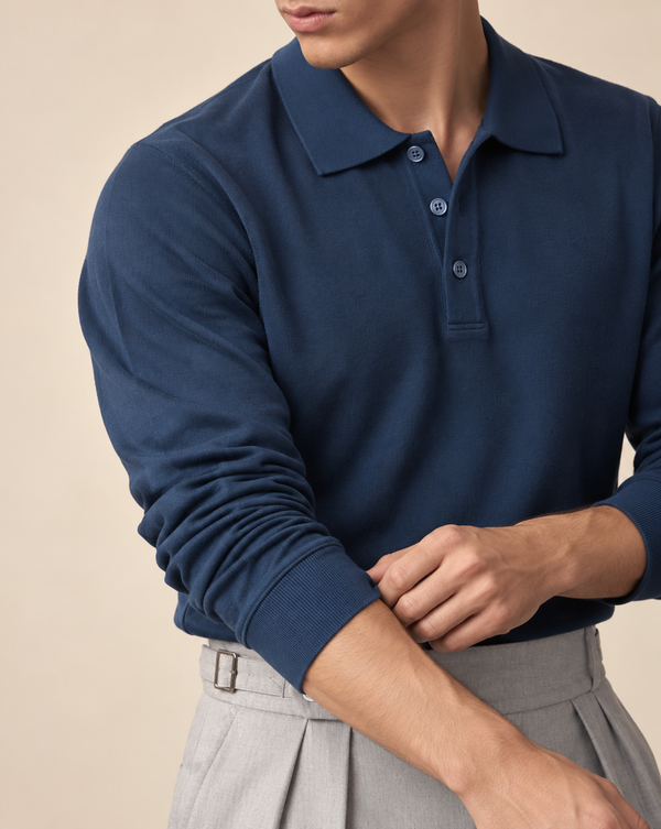 Ilyzly Navy Blue Classic Ribbed Polo T Shirt