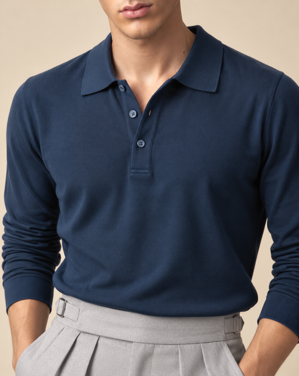 Ilyzly Navy Blue Classic Ribbed Polo T Shirt