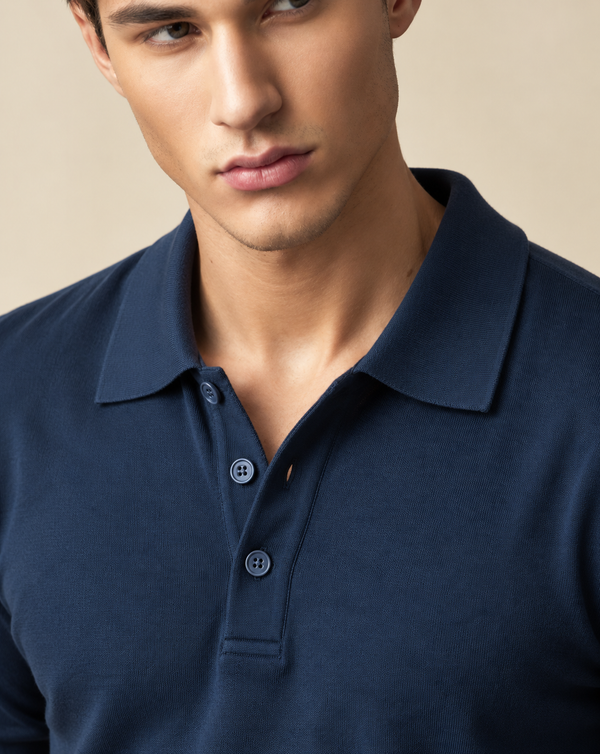 Ilyzly Navy Blue Classic Ribbed Polo T Shirt