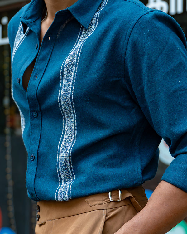 Ilyzly Peacock Blue Stripe Thread Embroidered Shirt