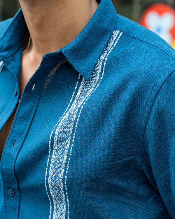 Ilyzly Peacock Blue Stripe Thread Embroidered Shirt