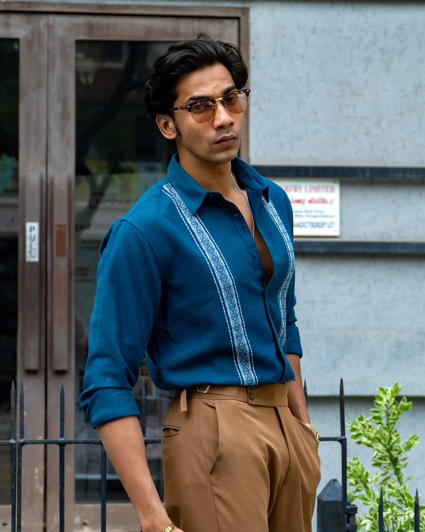 Ilyzly Peacock Blue Stripe Thread Embroidered Shirt
