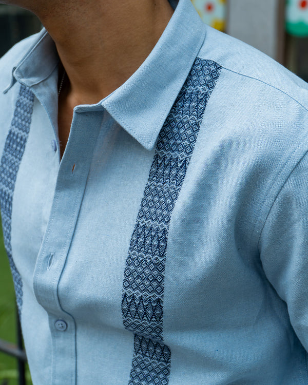 Ilyzly Sky Blue Stripe Thread Embroidered Shirt