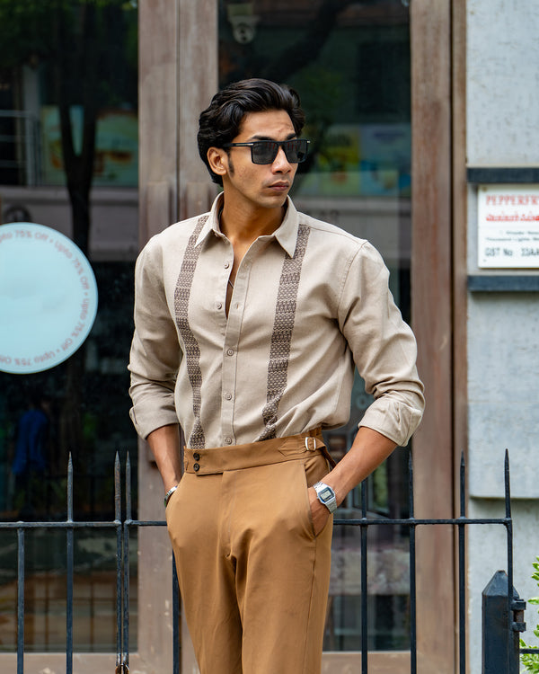 Ilyzly Light Beige Stripe Thread Embroidered Shirt
