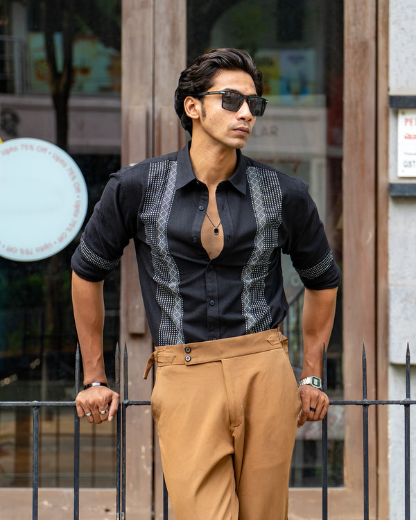 Ilyzly Dark Black Stripe Thread Embroidered Shirt