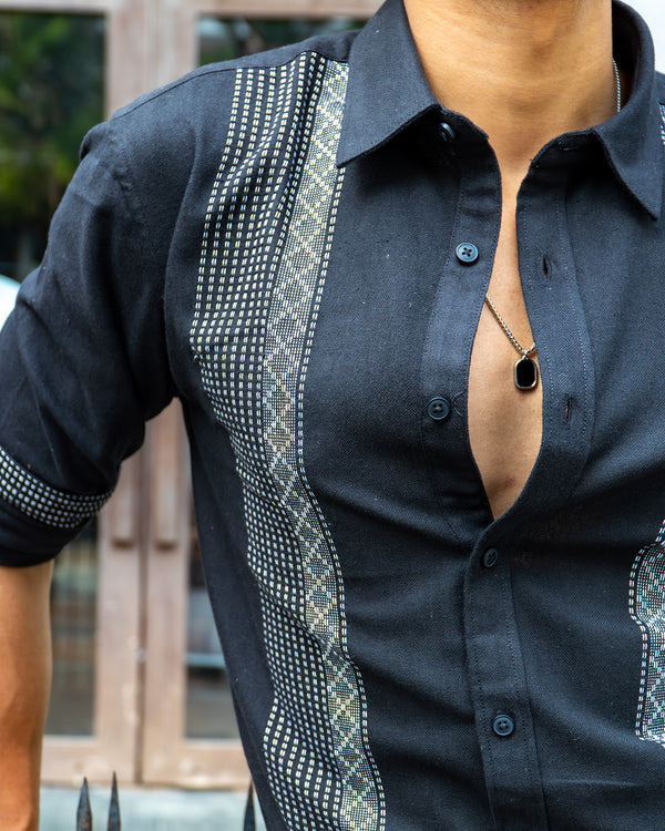 Ilyzly Dark Black Stripe Thread Embroidered Shirt