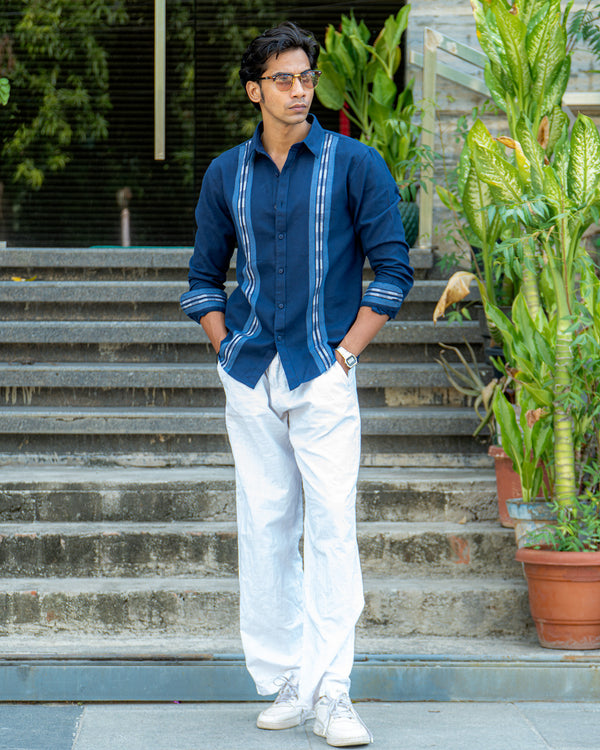 Ilyzly Navy Blue Stripe Thread Embroidered Shirt