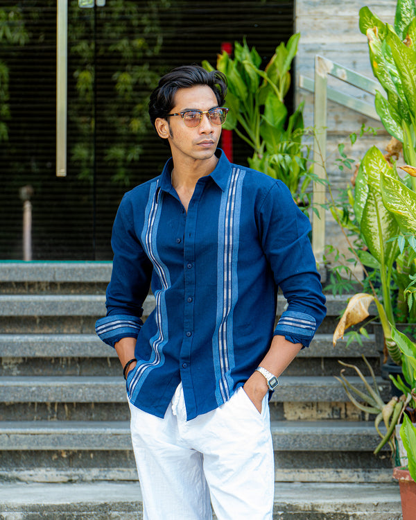 Ilyzly Navy Blue Stripe Thread Embroidered Shirt