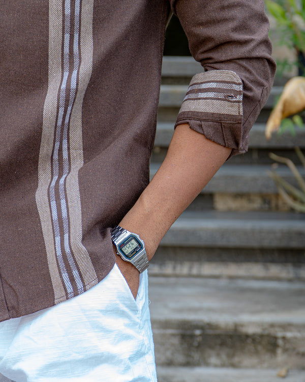 Ilyzly Brown Stripe Thread Embroidered Shirt
