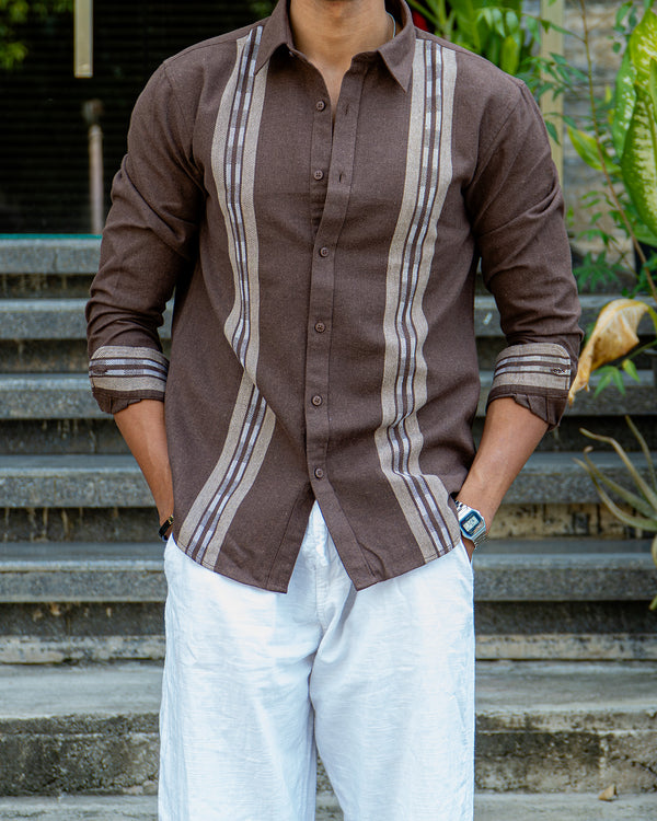 Ilyzly Brown Stripe Thread Embroidered Shirt