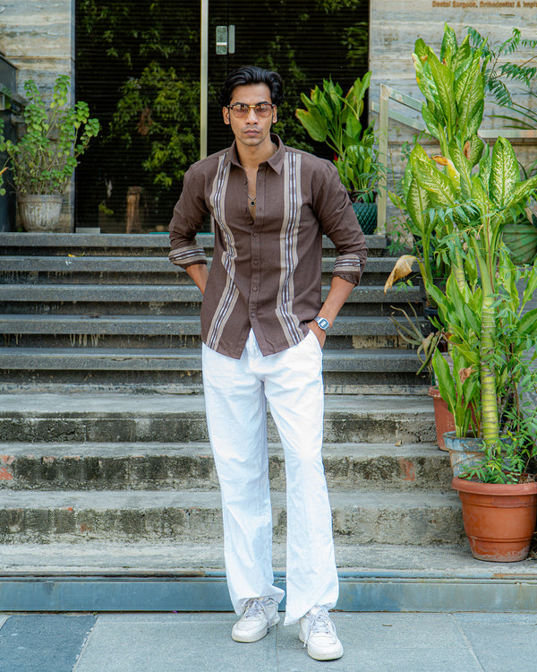 Ilyzly Brown Stripe Thread Embroidered Shirt