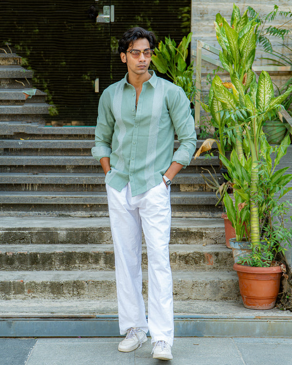 Ilyzly Light Green Stripe Thread Embroidered Shirt