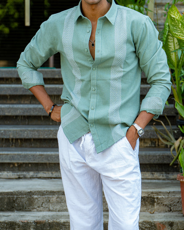 Ilyzly Light Green Stripe Thread Embroidered Shirt