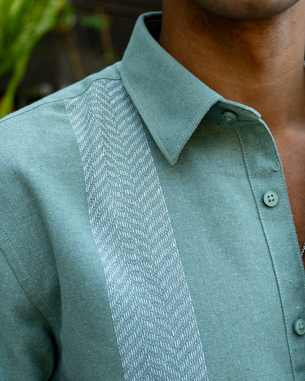 Ilyzly Light Green Stripe Thread Embroidered Shirt