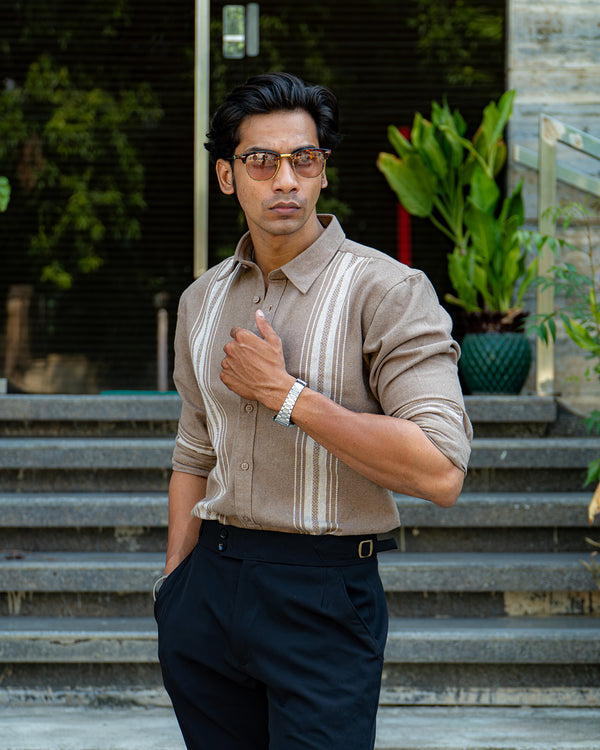 Ilyzly Khaki Stripe Thread Embroidered Shirt