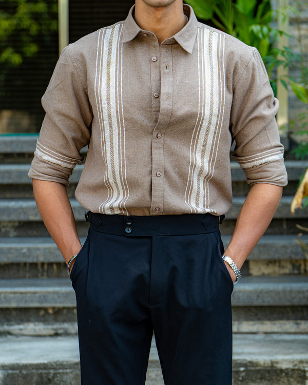 Ilyzly Khaki Stripe Thread Embroidered Shirt