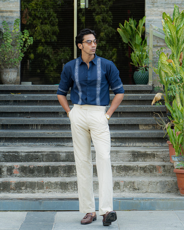 Ilyzly Dark Blue Stripe Thread Embroidered Shirt