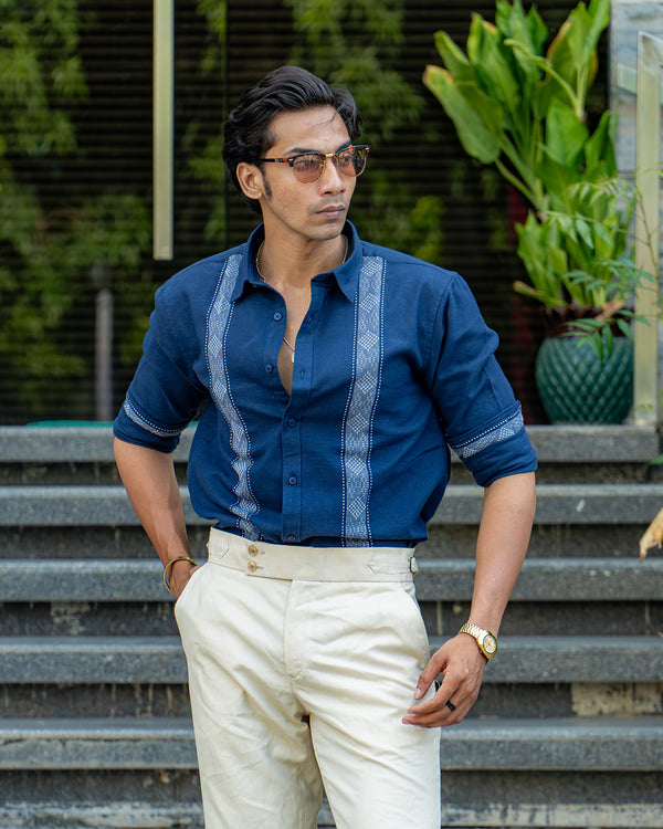 Ilyzly Dark Blue Stripe Thread Embroidered Shirt