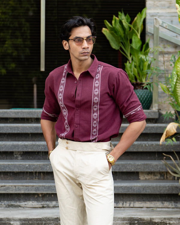 Ilyzly Maroon Stripe Thread Embroidered Shirt