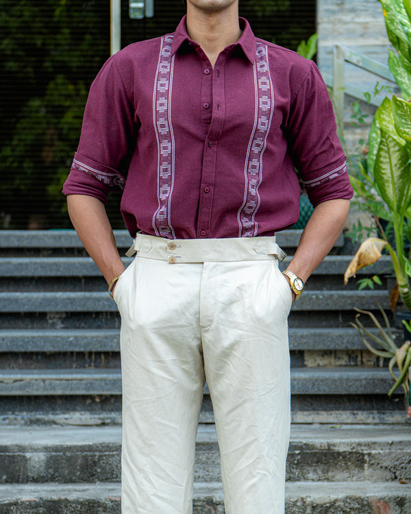 Ilyzly Maroon Stripe Thread Embroidered Shirt