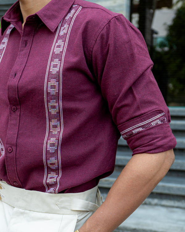 Ilyzly Maroon Stripe Thread Embroidered Shirt