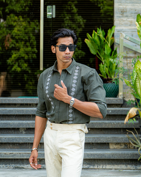 Ilyzly Green Stripe Thread Embroidered Shirt