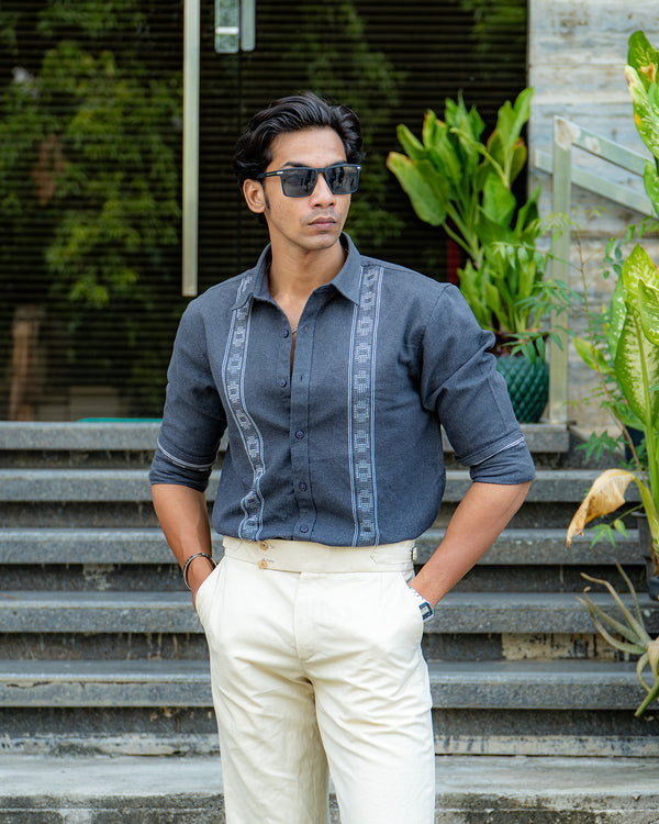 Ilyzly Dark Grey Stripe Thread Embroidered Shirt