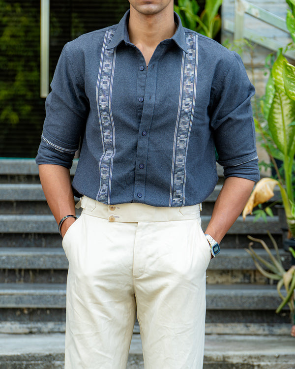 Ilyzly Dark Grey Stripe Thread Embroidered Shirt