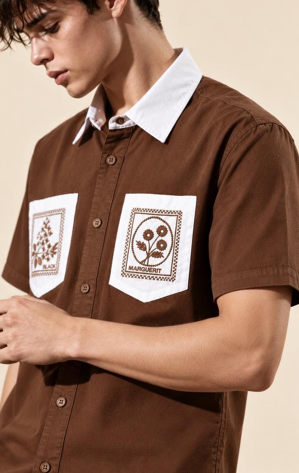 Izi Brown Double Pocket Embroidery Shirt