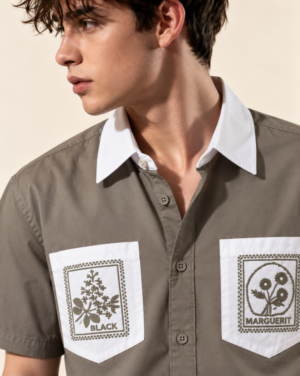 Izi Beige Double Pocket Embroidery Shirt